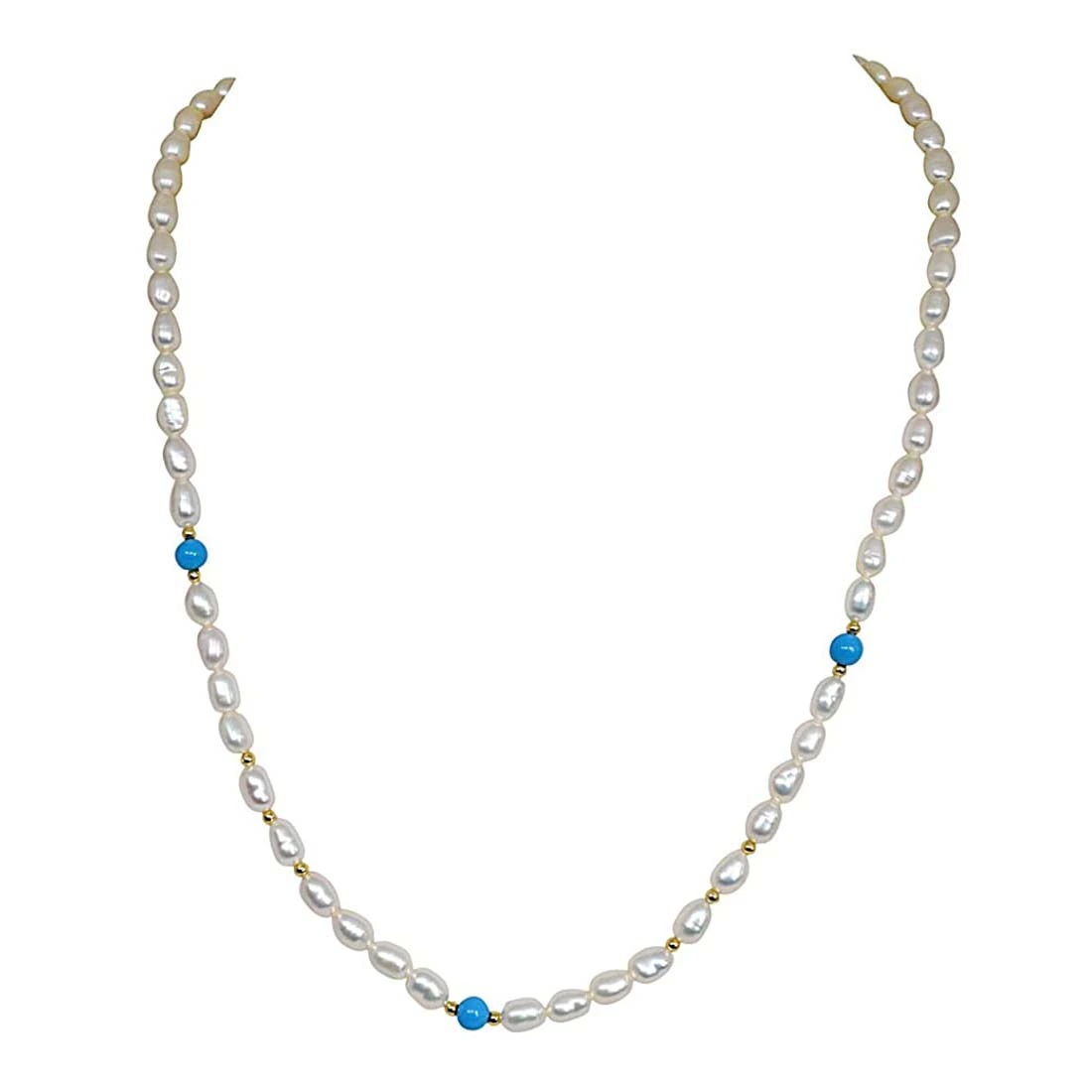 Elan - Single Line Pearl Necklace with Blue turquoise & Gold Plated Beads (SN50)