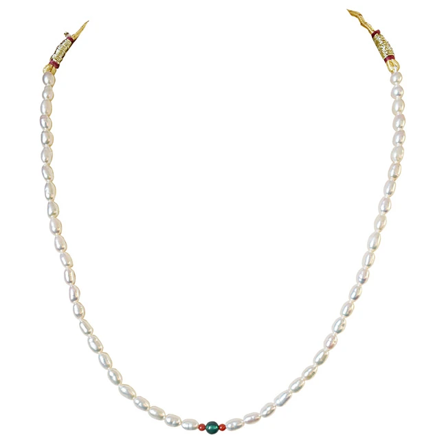 Single line Green Onyx, Coral Beads and Rice Pearl Necklace for Women (SN506)