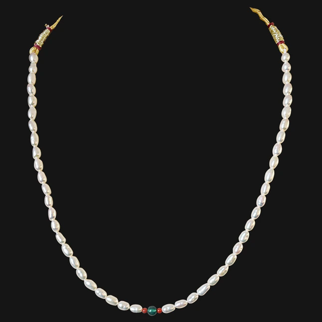 Single line Green Onyx, Coral Beads and Rice Pearl Necklace for Women (SN506)