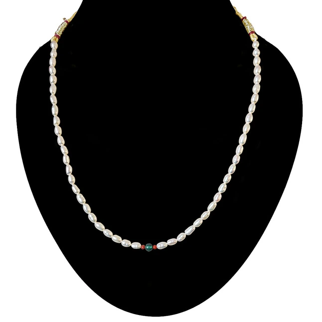 Single line Green Onyx, Coral Beads and Rice Pearl Necklace for Women (SN506)