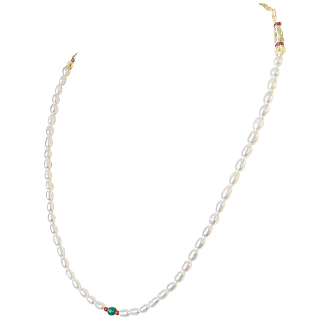 Single line Green Onyx, Coral Beads and Rice Pearl Necklace for Women (SN506)