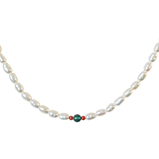 Single line Green Onyx, Coral Beads and Rice Pearl Necklace for Women (SN506)