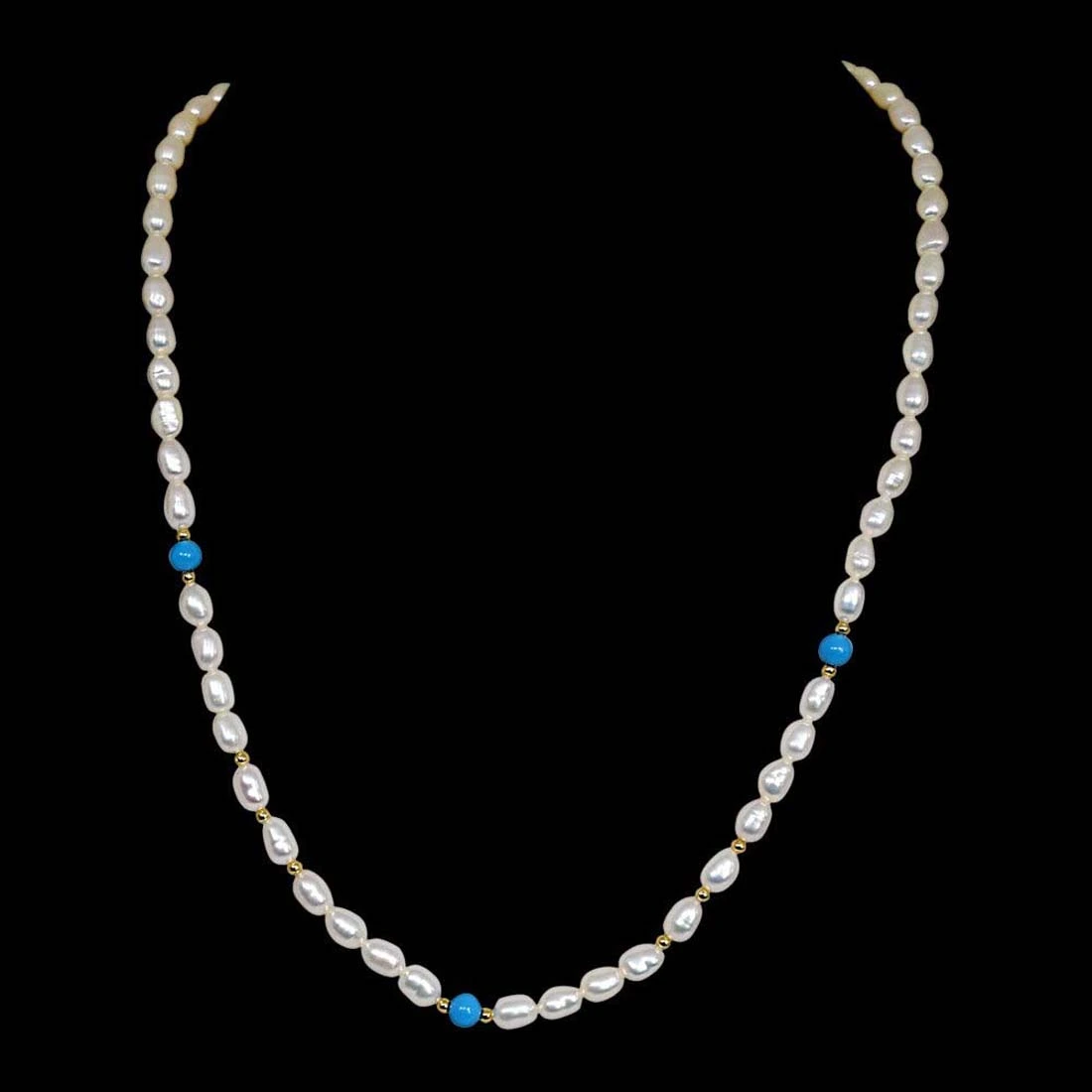 Elan - Single Line Pearl Necklace with Blue turquoise & Gold Plated Beads (SN50)