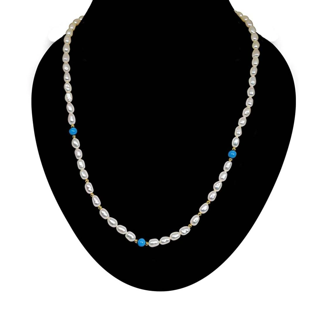 Elan - Single Line Pearl Necklace with Blue turquoise & Gold Plated Beads (SN50)