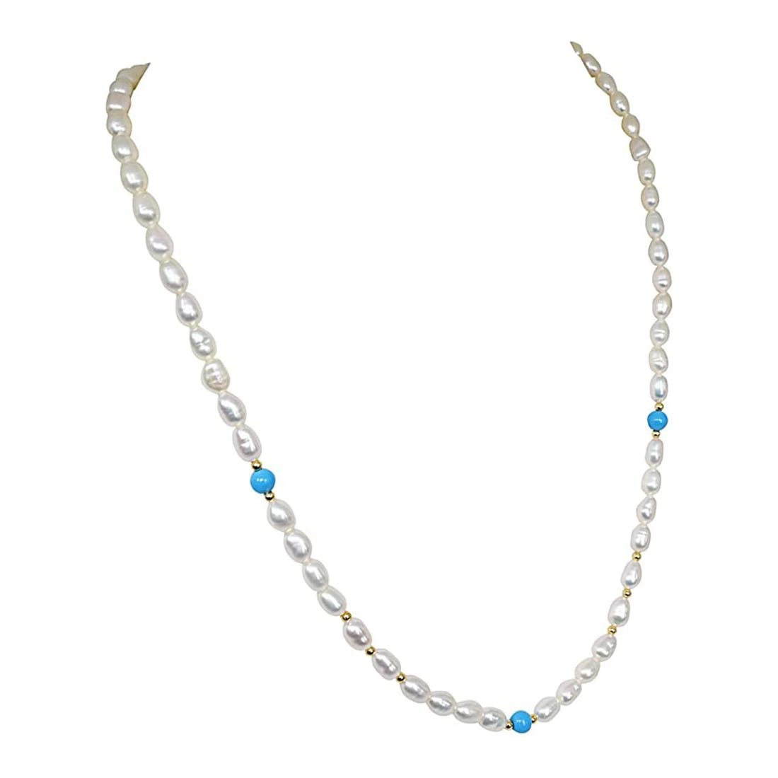 Elan - Single Line Pearl Necklace with Blue turquoise & Gold Plated Beads (SN50)