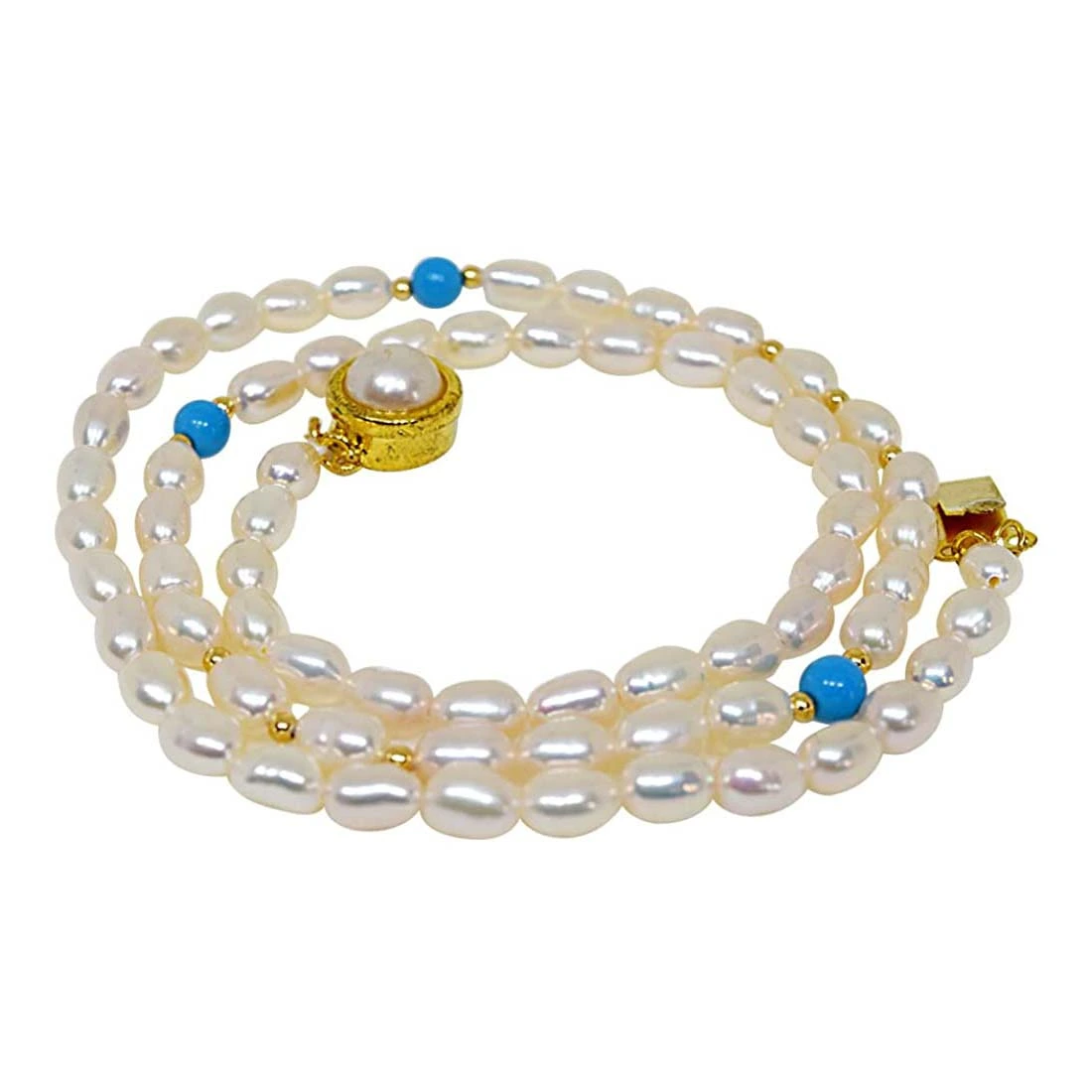 Elan - Single Line Pearl Necklace with Blue turquoise & Gold Plated Beads (SN50)