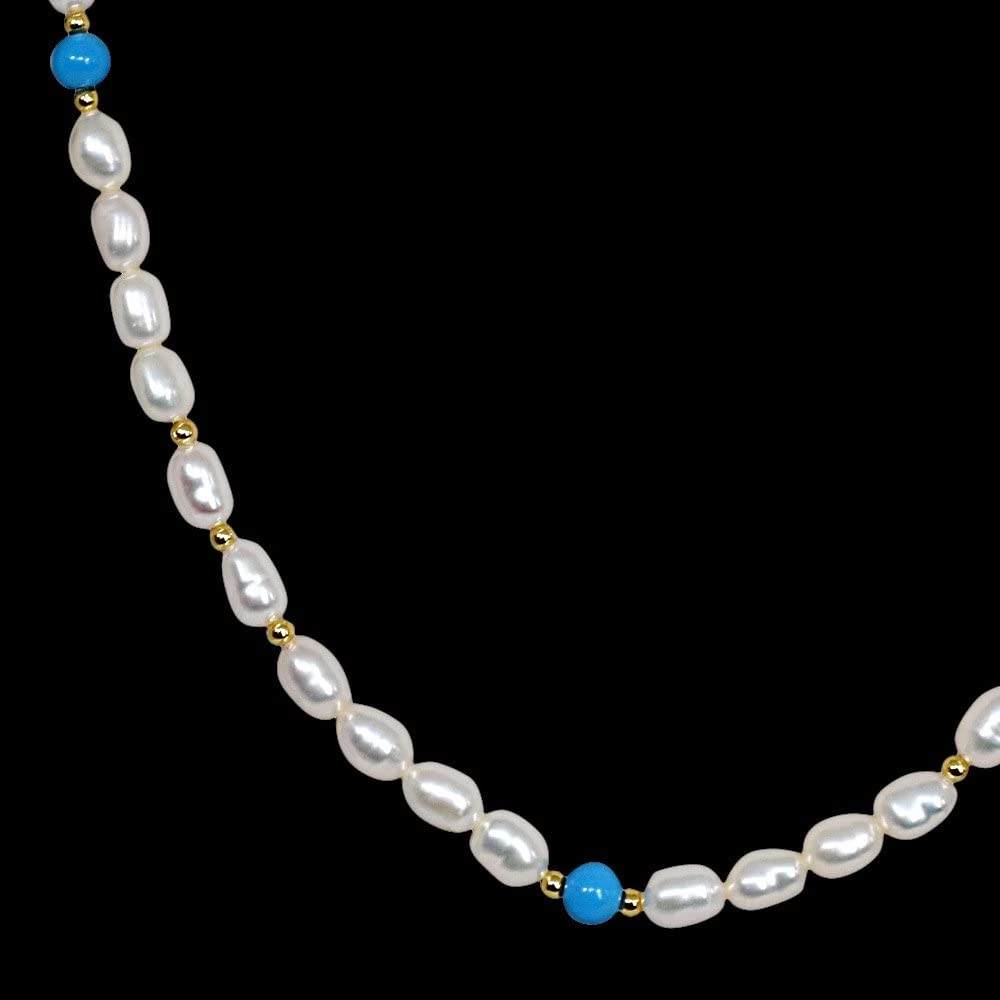 Elan - Single Line Pearl Necklace with Blue turquoise & Gold Plated Beads (SN50)