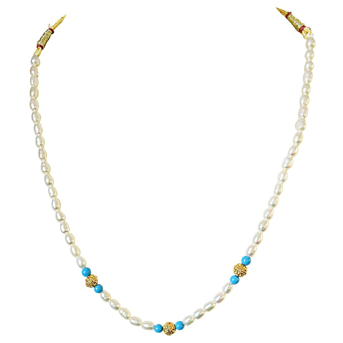 Turquoise Bead, Gold Plated Balls and Rice Pearl Necklace for Women (SN518)