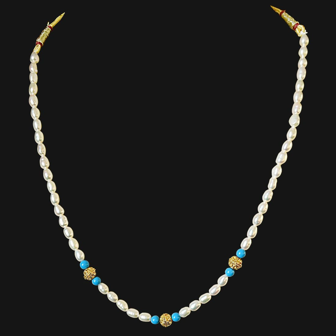 Turquoise Bead, Gold Plated Balls and Rice Pearl Necklace for Women (SN518)