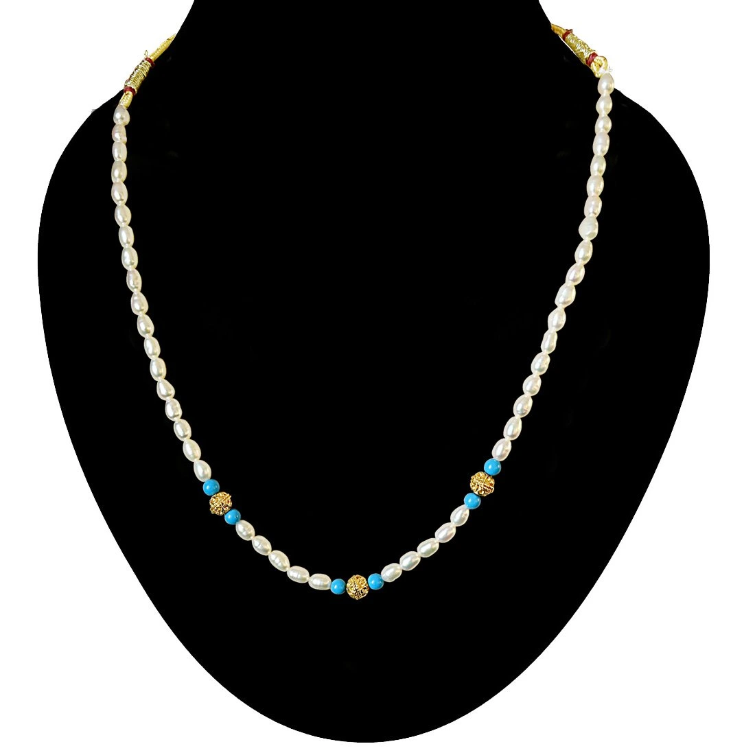 Turquoise Bead, Gold Plated Balls and Rice Pearl Necklace for Women (SN518)