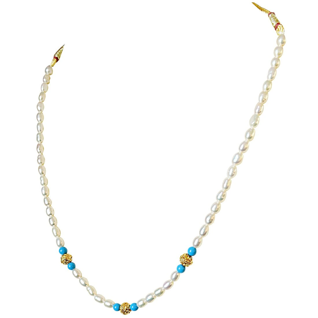 Turquoise Bead, Gold Plated Balls and Rice Pearl Necklace for Women (SN518)