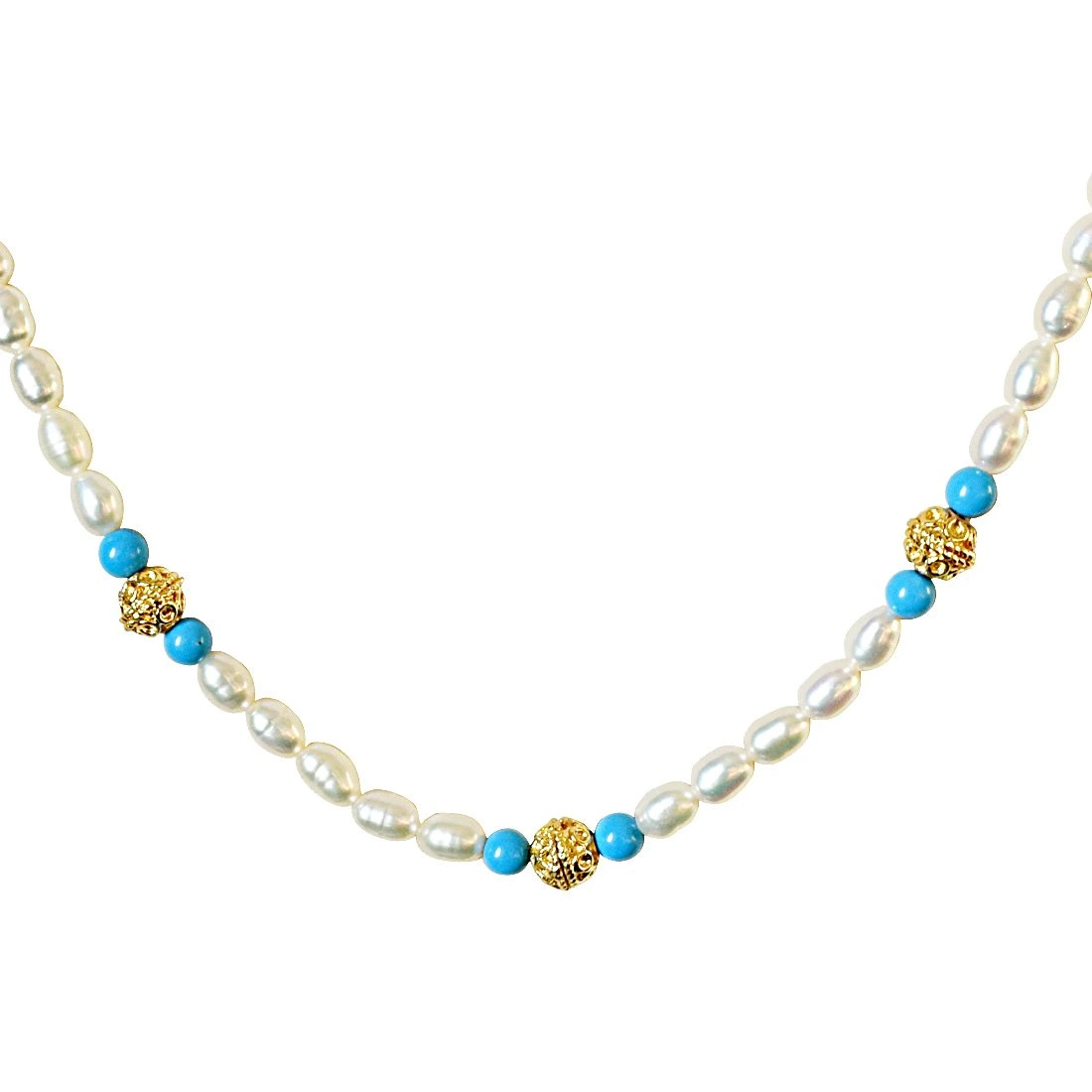 Turquoise Bead, Gold Plated Balls and Rice Pearl Necklace for Women (SN518)