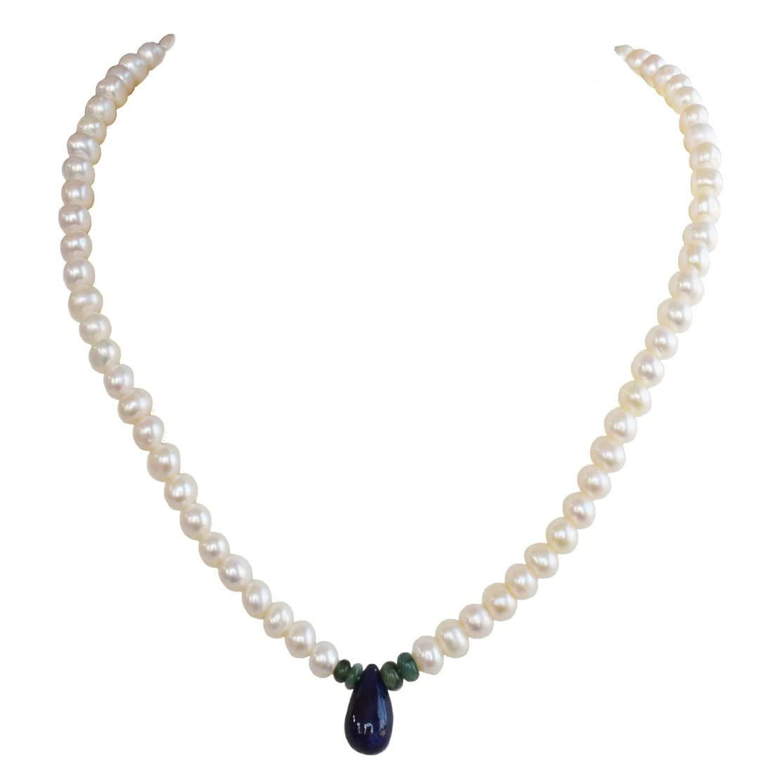 Real Blue Sapphire, Emerald & Freshwater Pearl Necklace for Women (SN1018)