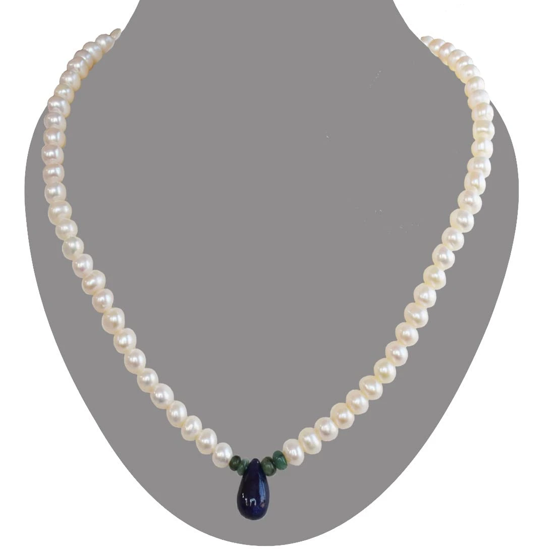 Real Blue Sapphire, Emerald & Freshwater Pearl Necklace for Women (SN1018)