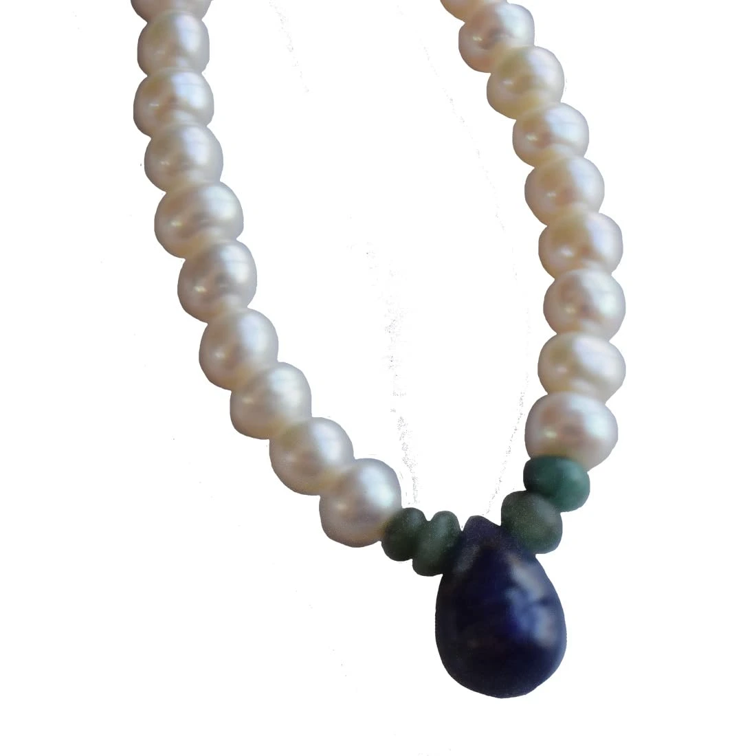 Real Blue Sapphire, Emerald & Freshwater Pearl Necklace for Women (SN1018)