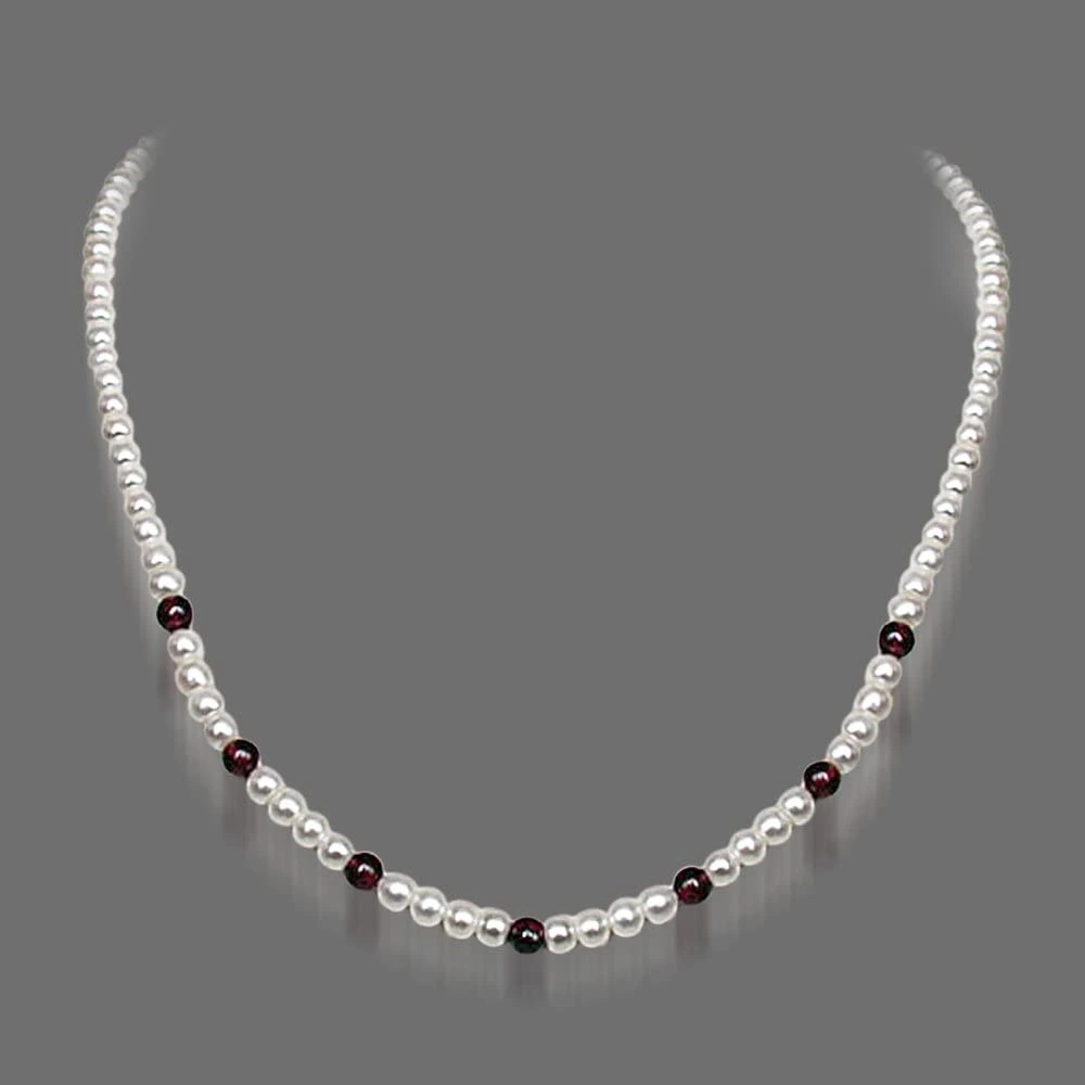 Inamorata - Single Line Red Garnet & Real Freshwater Pearl Necklace for Women (SN54)