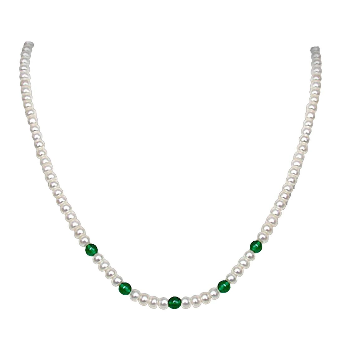 Blossom - Single line Button Shaped Pearl & Round Green Onyx Bead Necklace (SN55)