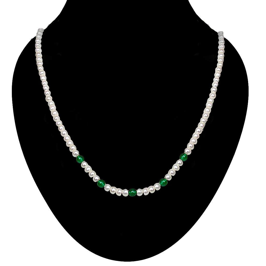 Blossom - Single line Button Shaped Pearl & Round Green Onyx Bead Necklace (SN55)