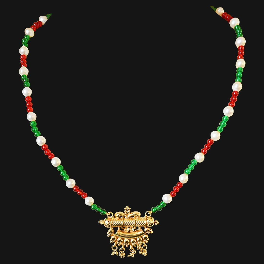 Traditional Gold Plated Pendant, Red and Green Colored Stone and Freshwater Pearl Necklace for Women (SN570)