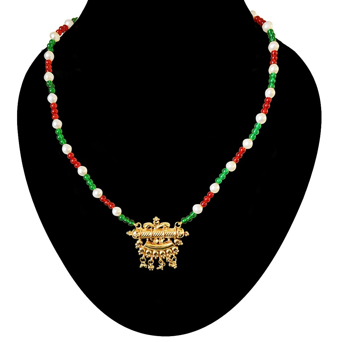 Traditional Gold Plated Pendant, Red and Green Colored Stone and Freshwater Pearl Necklace for Women (SN570)