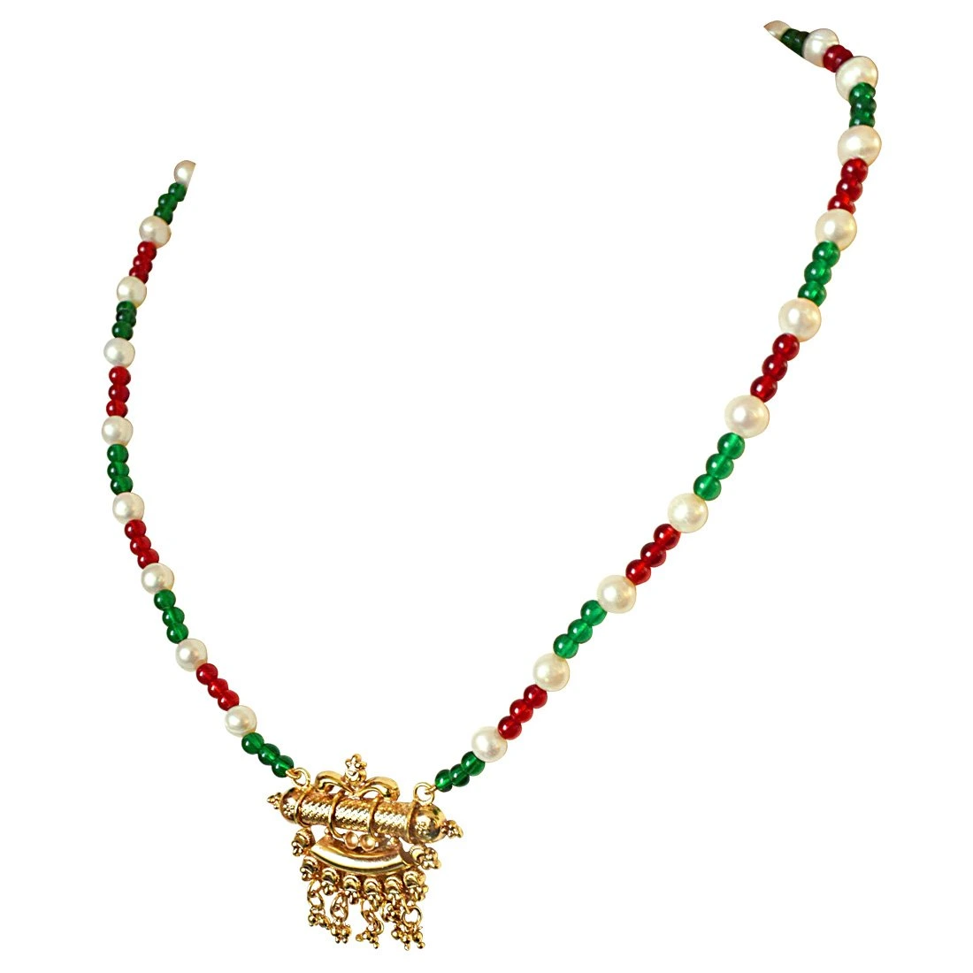 Traditional Gold Plated Pendant, Red and Green Colored Stone and Freshwater Pearl Necklace for Women (SN570)