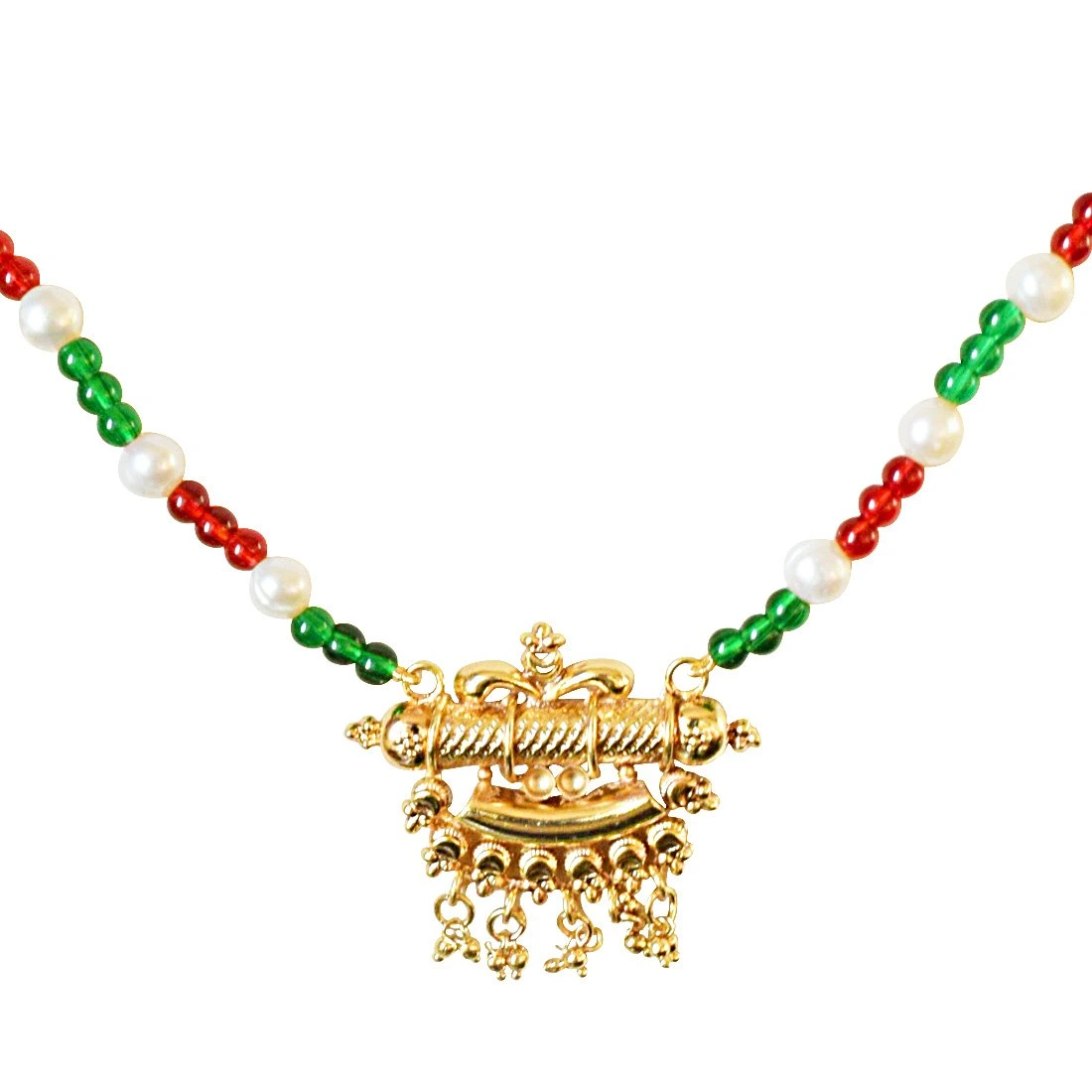 Traditional Gold Plated Pendant, Red and Green Colored Stone and Freshwater Pearl Necklace for Women (SN570)