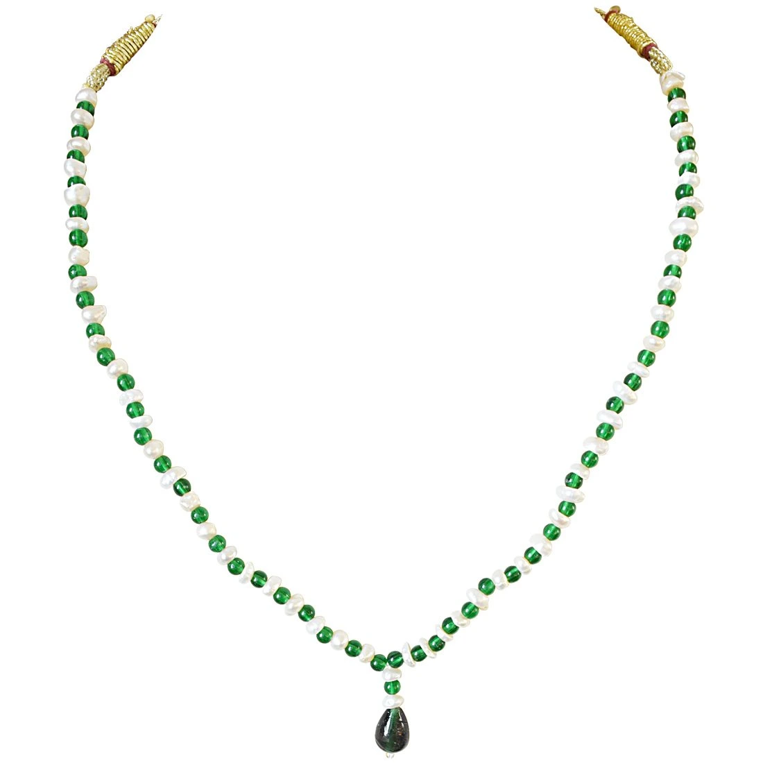 Green Colored Stone and Freshwater Pearl Necklace for Women (SN585)