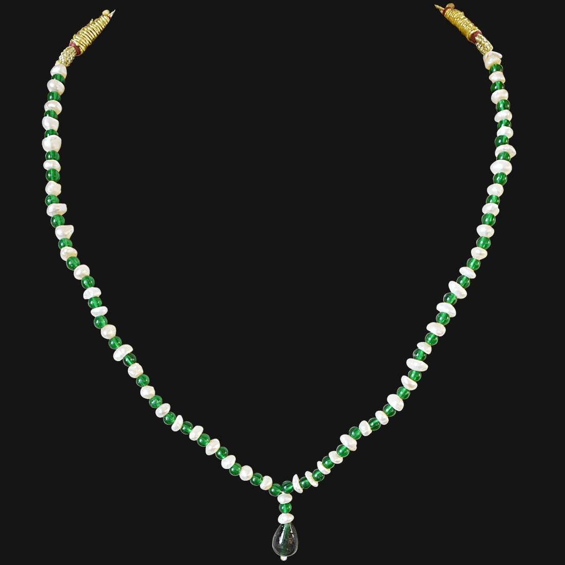 Green Colored Stone and Freshwater Pearl Necklace for Women (SN585)