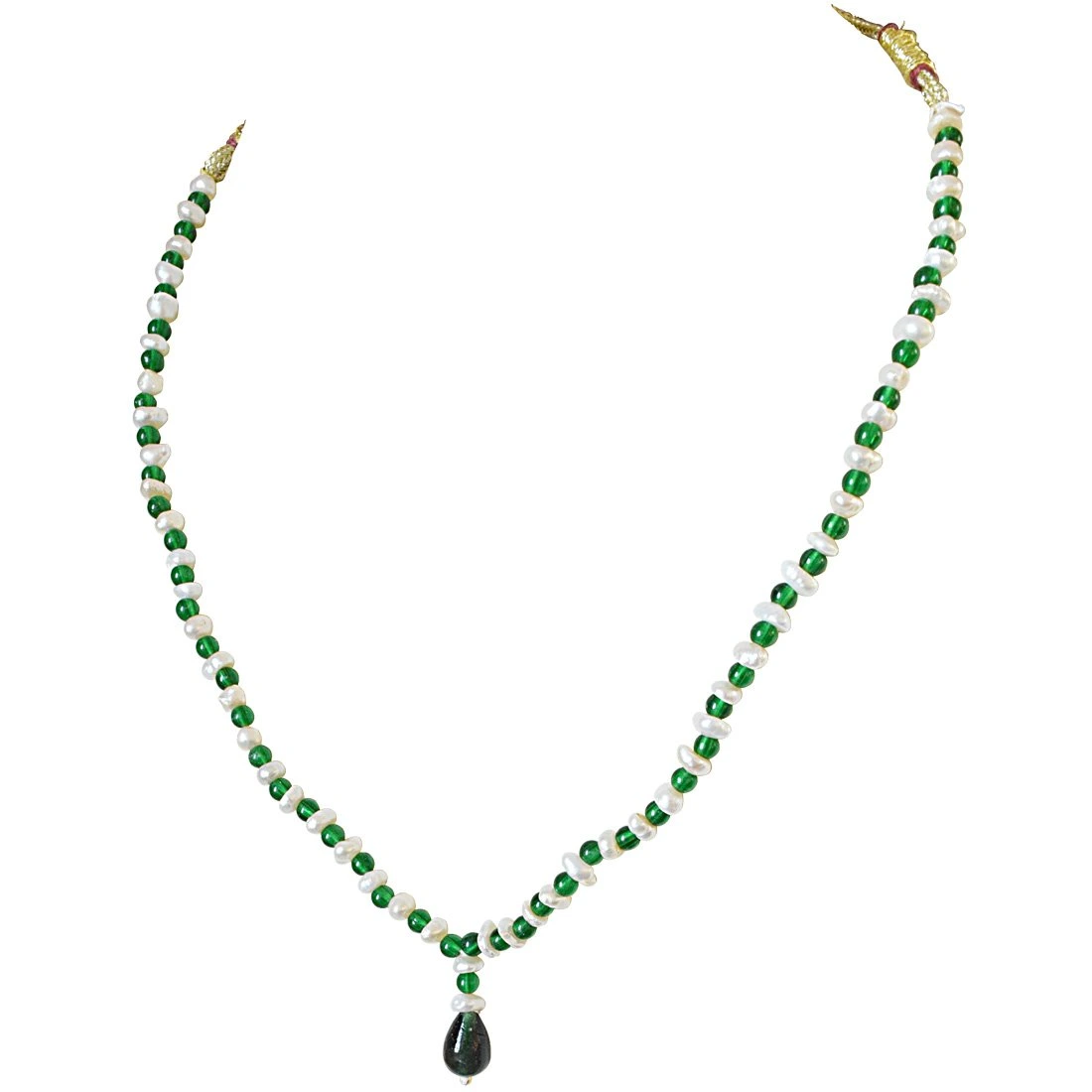 Green Colored Stone and Freshwater Pearl Necklace for Women (SN585)