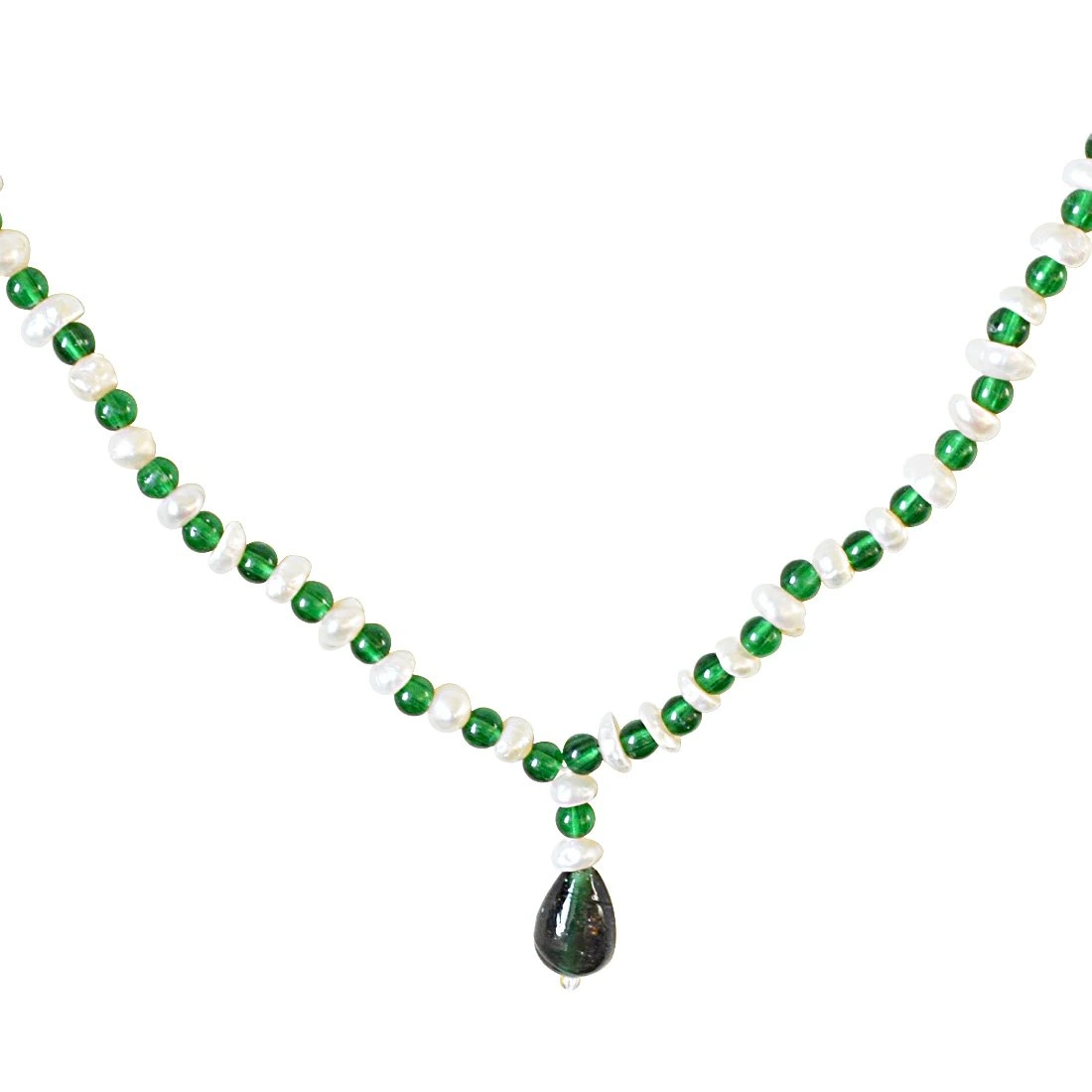 Green Colored Stone and Freshwater Pearl Necklace for Women (SN585)