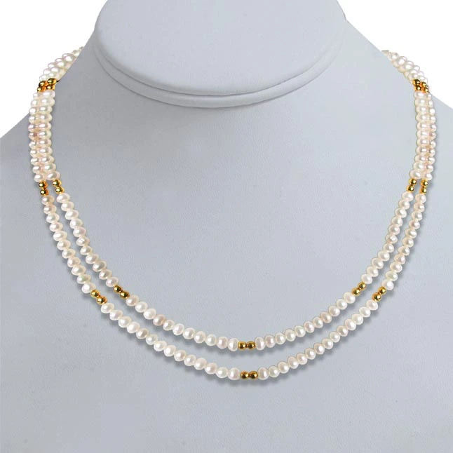 Discover the Radiance of Real Pearl Glow – 2 Line Freshwater Pearl & Gold-Plated Beads Necklace (SN58)