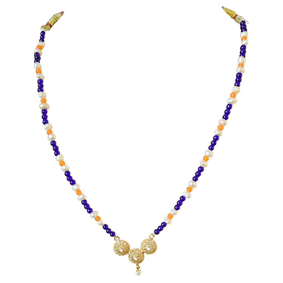 Traditional Gold Plated Vati Pendant, Blue and Orange Colored Stone and Freshwater Pearl Necklace for Women (SN592)