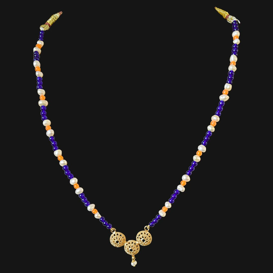 Traditional Gold Plated Vati Pendant, Blue and Orange Colored Stone and Freshwater Pearl Necklace for Women (SN592)