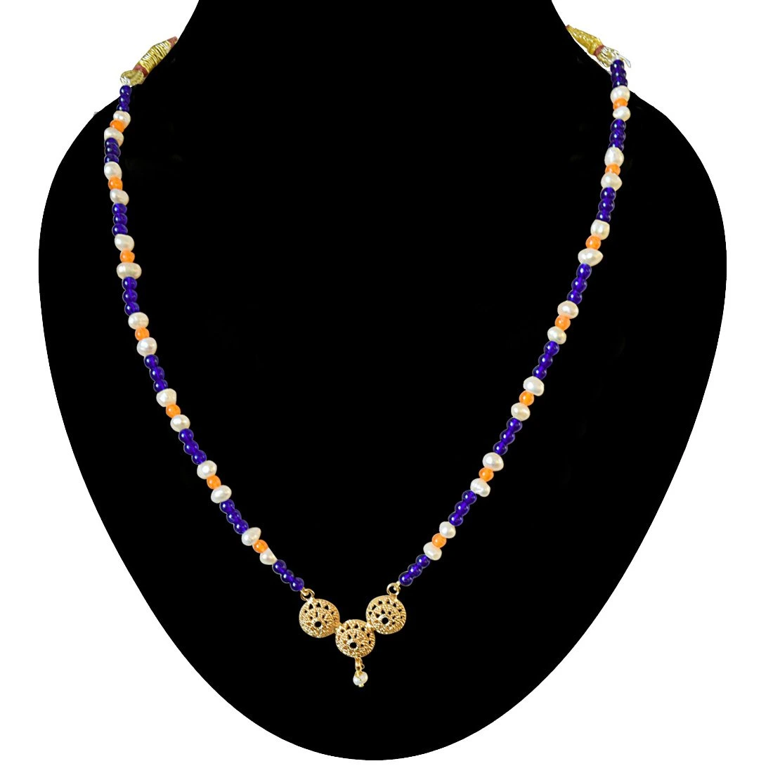 Traditional Gold Plated Vati Pendant, Blue and Orange Colored Stone and Freshwater Pearl Necklace for Women (SN592)