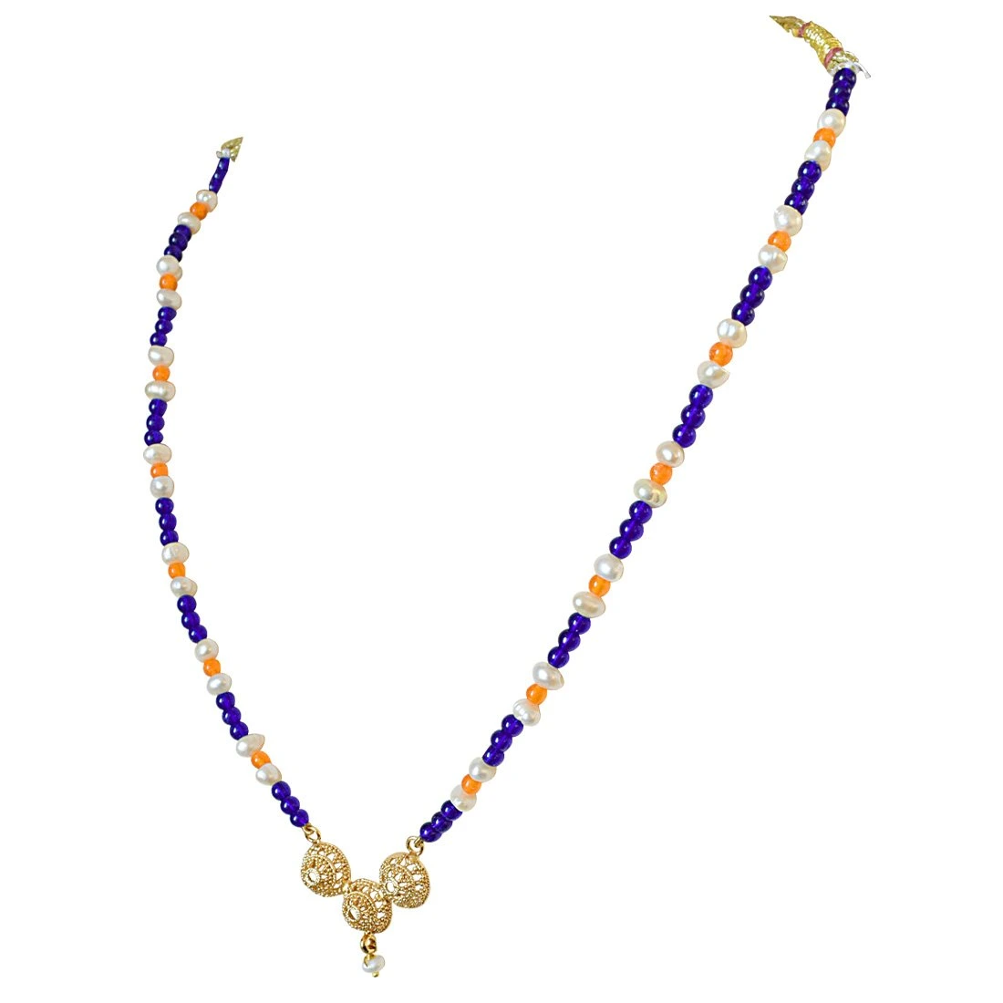 Traditional Gold Plated Vati Pendant, Blue and Orange Colored Stone and Freshwater Pearl Necklace for Women (SN592)