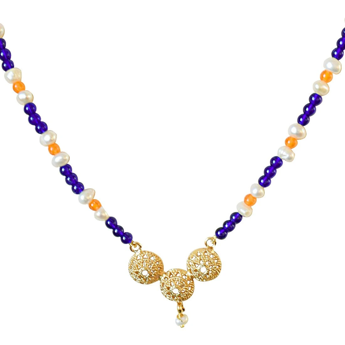 Traditional Gold Plated Vati Pendant, Blue and Orange Colored Stone and Freshwater Pearl Necklace for Women (SN592)