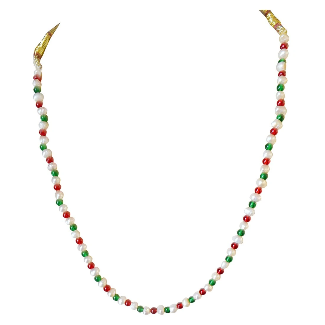 Single Line Red & Green Colored Stone and Freshwater Pearl Necklace (SN601)