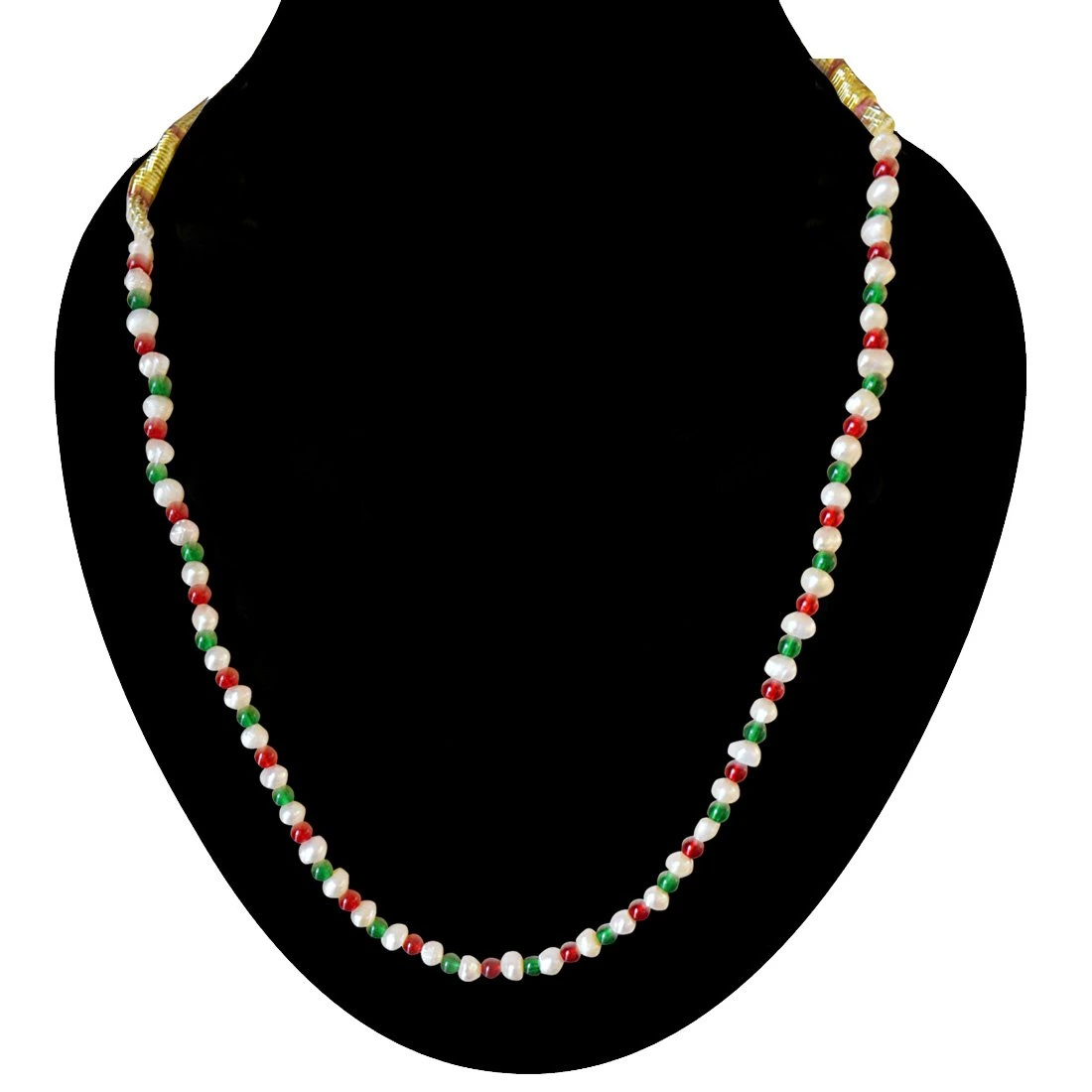 Single Line Red & Green Colored Stone and Freshwater Pearl Necklace (SN601)