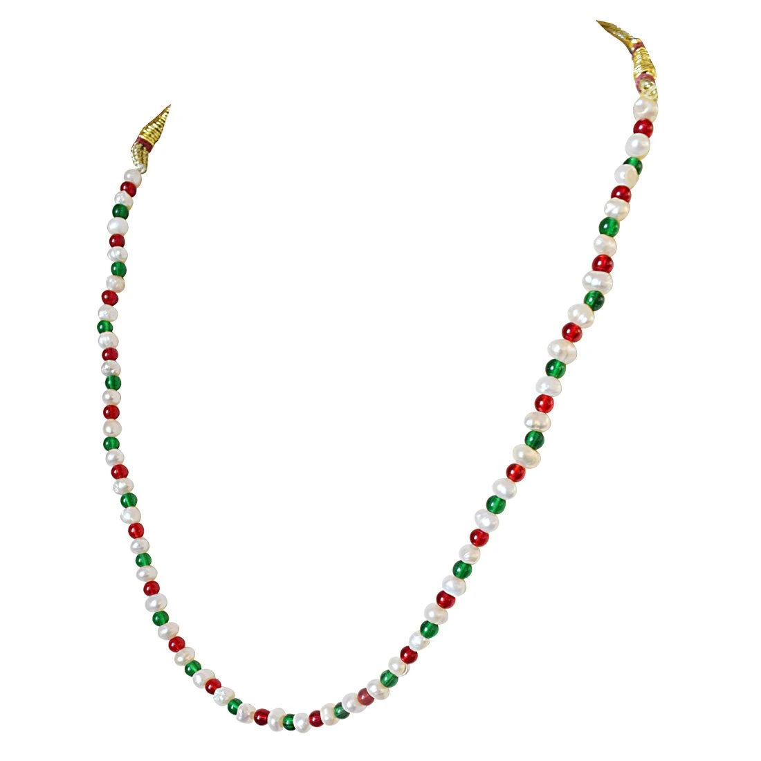 Single Line Red & Green Colored Stone and Freshwater Pearl Necklace (SN601)