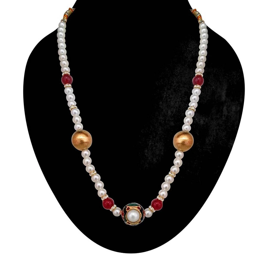 Exotic - Kundan Ball, Shell Pearls & Red Coloured Stone Necklace (SN642)