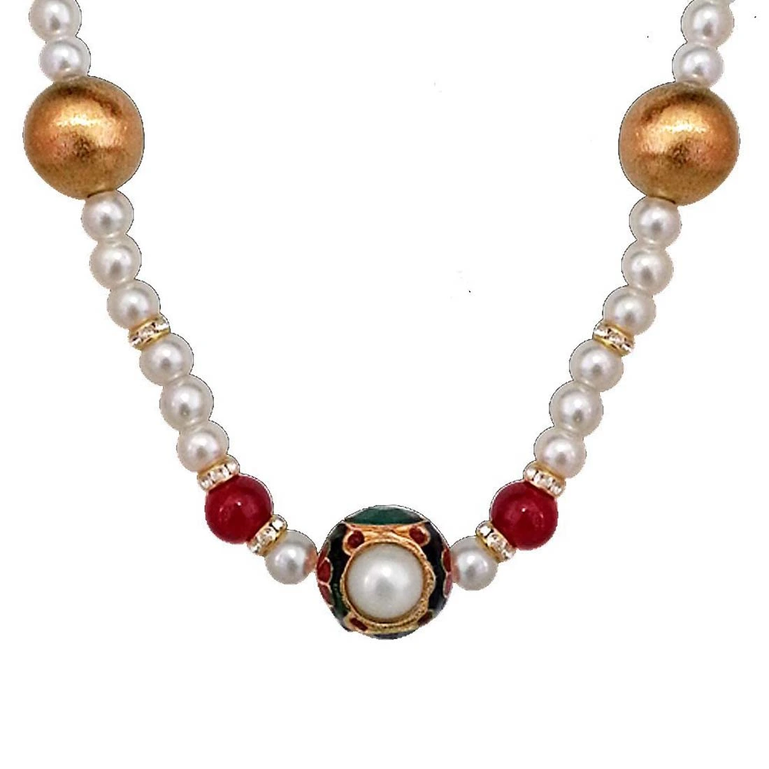 Exotic - Kundan Ball, Shell Pearls & Red Coloured Stone Necklace (SN642)