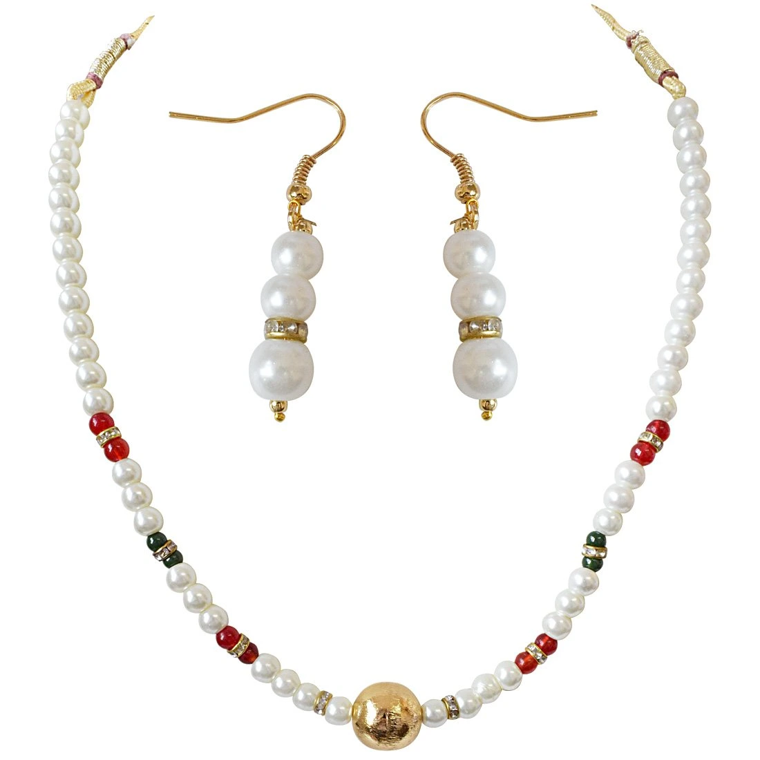 Single Line White Shell Pearl, Colored Stone and Gold Plated Ball Necklace Earring Set for Women (SN647)