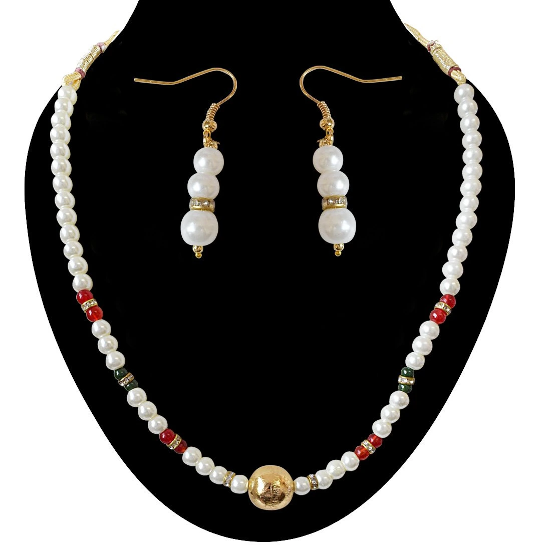 Single Line White Shell Pearl, Colored Stone and Gold Plated Ball Necklace Earring Set for Women (SN647)