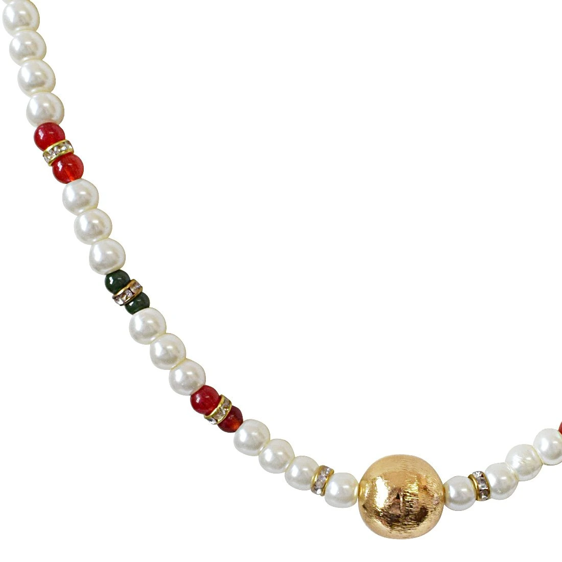 Single Line White Shell Pearl, Colored Stone and Gold Plated Ball Necklace Earring Set for Women (SN647)