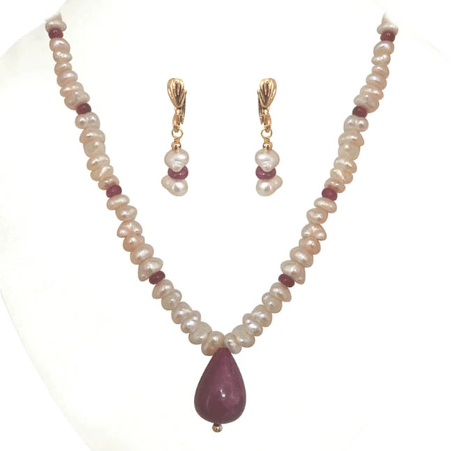 Real Ruby & Freshwater Pearl Necklace & Earrings Set -Pearl Set