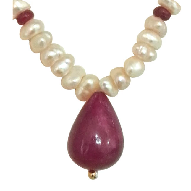 Real Ruby & Freshwater Pearl Necklace & Earrings Set -Pearl Set