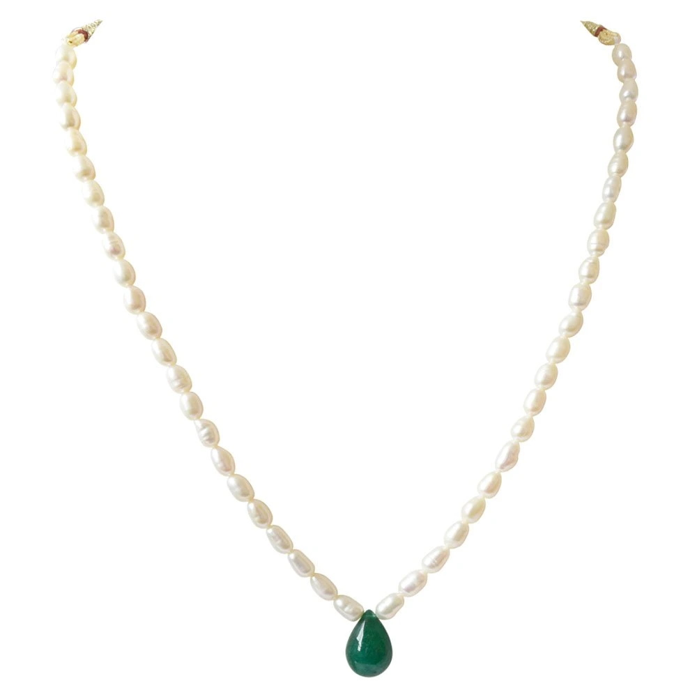 Single Line Real Pearl & Drop Shaped Green Onyx Necklace (SN671)