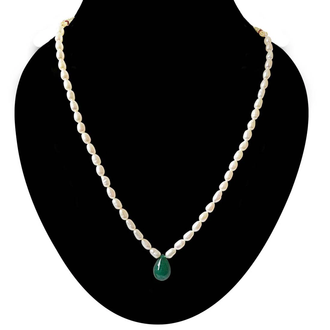 Single Line Real Pearl & Drop Shaped Green Onyx Necklace (SN671)