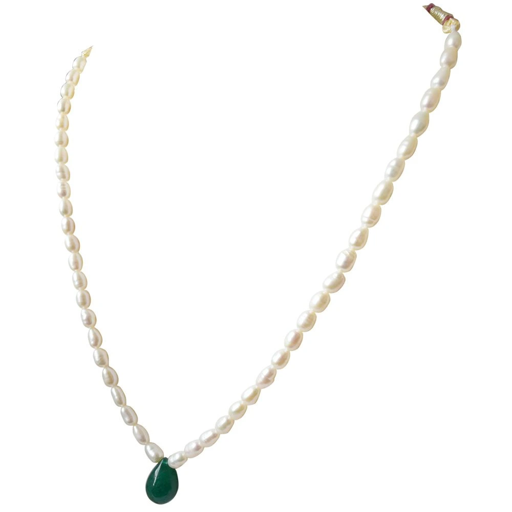 Single Line Real Pearl & Drop Shaped Green Onyx Necklace (SN671)