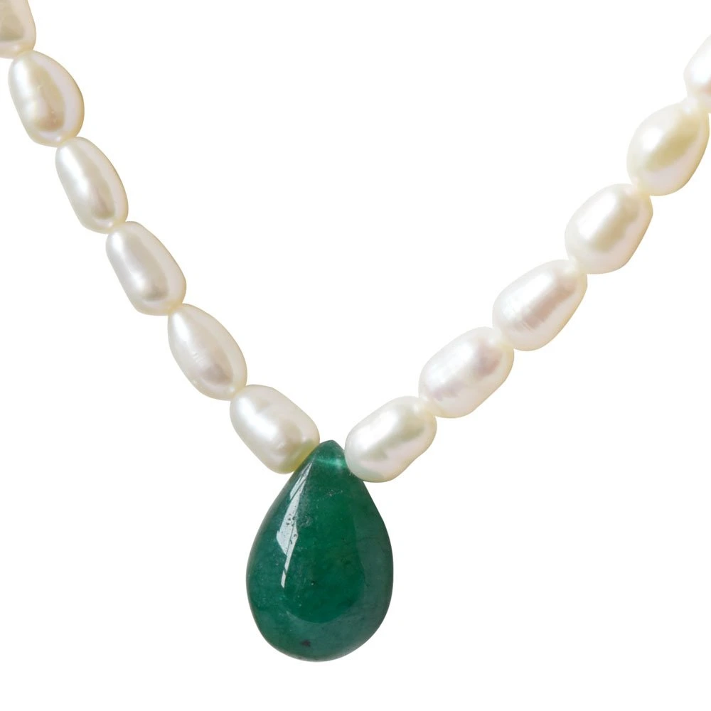 Single Line Real Pearl & Drop Shaped Green Onyx Necklace (SN671)